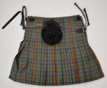 A pleated kilt with leather buckles and a leather sporran, XL, both possibly unworn