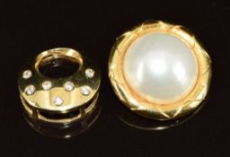 Two 14k gold pendants, one set with diamonds the other a faux pearl, 5.3g, 1.8 & 1.3cm