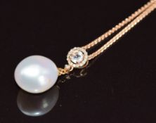 An 18k rose gold pendant set with a pearl, morganite and diamonds (2.7cm) on an 18k rose gold chain,