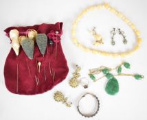 A collection of jewellery including paste earrings, aventurine quartz, silver bangle, silver ring,