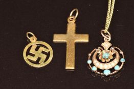 Edwardian 9ct gold pendant set with seed pearls and turquoise, 9ct gold cross and another 9ct gold