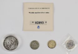 2016 Gibraltar silver £20 coin together with a miniature 2006 silver Britannia, 1905 Peru silver ½