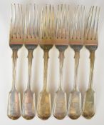 Set of six Victorian Fiddle and Thread pattern table forks, Exeter 1854, maker Josiah Williams & Co,