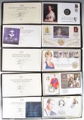 Five silver proof coin and stamp cover folders by Harrington & Byrne and Jubilee Mint comprising