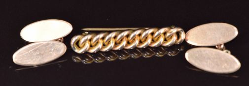 A pair of 9ct rose gold cufflinks and 9ct rose gold curb link brooch, 7.5g