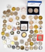 A collection of crown sized commemorative coins, including Maria Theresia, cased pair, etc
