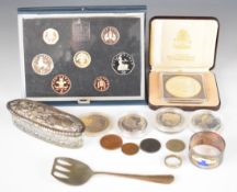 Hallmarked silver lidded dressing table pot, Sydney Harbour Bridge napkin ring marked sterling