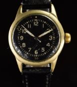 Waltham military wristwatch with luminous hands and Arabic numerals, black dial, base metal case