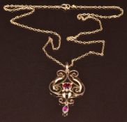 Edwardian 9ct gold pendant set with garnets (4cm) on 9ct gold chain, 3.3g, 42cm