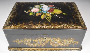 19thC papier maché and mother of pearl workbox with fitted interior, probably Jennens and Bettridge,