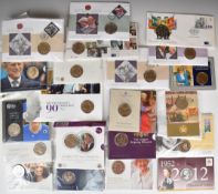 Twenty coin packs including stamp covers and a cased crown, commemorating Queen Elizabeth II