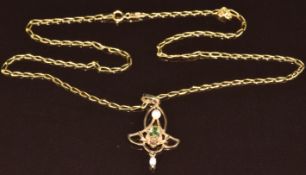 A 9ct gold Art Nouveau style pendant set with a peridot and pearls, on 9ct gold chain, 3.8g, the