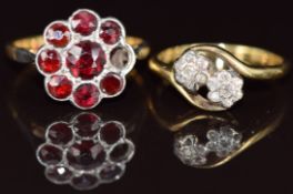 An 18ct gold ring set with diamonds in two floral clusters and an 18ct gold ring set with a