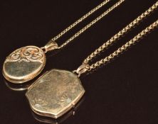 Two 9ct gold lockets, on 9ct gold chains, 14.3g, 61 & 60cm