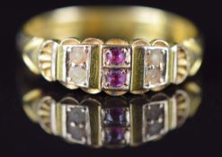 Edwardian 15ct gold ring set with spinel and pearls, Birmingham 1902, 2.8g, size Q