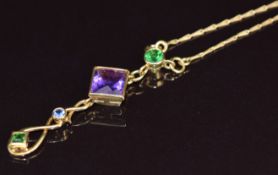 An 18ct gold necklace set with an amethyst, sapphire and two tsavorite, 7.5g, 47cm