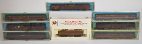 Bachmann N gauge EMD F9 Diesel Pennsylvania locomotive together with seven Atlas and Rivarossi