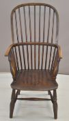 19thC elm seated Windsor armchair with hooped and spindle back