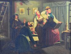 19th century Continental school oil on canvas two ladies with man on his knees and further man in