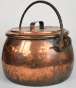 19thC covered copper cauldron / large vessel with cast iron riveted mounts and handle, diameter 55 x