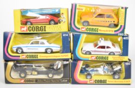 Six vintage Corgi diecast model cars comprising Oldsmobile Tornado 276, Renault 5TS 293, Ford