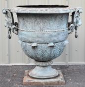 Leonardo Rossi large pedestal bronze urn with scrolling lion mask ring handles and relief moulded