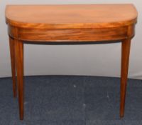 19thC mahogany crossbanded and inlaid rope twist edge fold over card table raised on square tapering