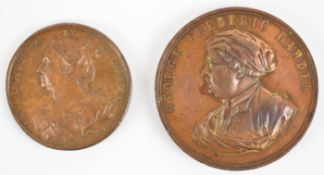 Two commemorative bronze medallions comprising Handel Crystal Palace centenary named to Miss S.Snell