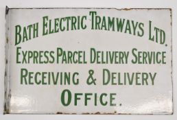 Bath Electric Tramways Ltd parcel office double sided vintage enamel advertising sign by Chromo
