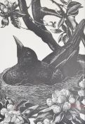 Clare Leighton (1898-1989) woodcut litho Nesting Blackbird 1st edition, 17.5 x 12cm, in gilt and