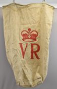 Victorian canvas post or parcel bag with metal hanging loops and VR cypher above crown, height