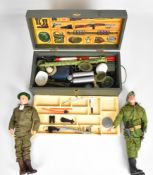 Two vintage Action Man / GI Joe action dolls by Palitoy and Hassenfeld Bros (Hasbro), both stamped