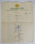 Australian Board of Control for International Cricket XI Coronation Tour official autograph sheet
