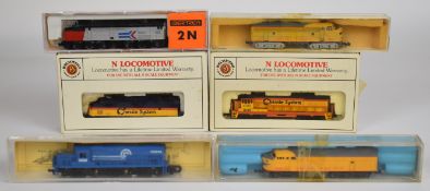 Six N gauge Minitrix, Bachmann and similar American diesel locomotives to include EMD F9 Diesel '
