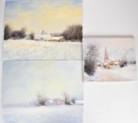 Three Ken B Hancock (Tetbury, Gloucestershire) oil on canvas impressionist winter landscapes, one