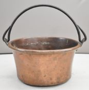 Large copper pan with iron swing handle, would suit logs or similar, width 60cm