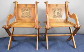 Pair early 20thC Gothic hall or similar chairs