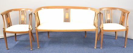 Early 20thC mahogany and inlaid salon suite comprising sofa and two chairs, length of sofa 130cm