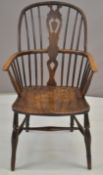 19thC elm seated Windsor armchair with pierced back splat