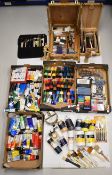 Large collection of artist's materials, brushes, acrylics, palettes, Winsor and Newton easels, lay