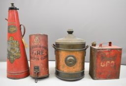 George V fire asbestos cloths wall mounted container, GPO vintage 2 gallon petrol or similar can,