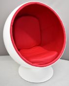 Eero Aarnio style mid century retro white fibreglass egg chair with red interior, height 124cm