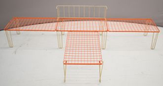 Set of four retro orange and beige folding tables which clip together, length of each section 61cm