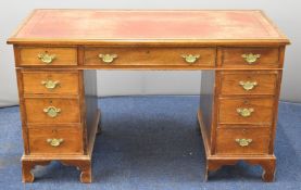 19th / 20thC mahogany leather inset twin pedestal desk fitted nine drawers, W120 x D55 x H71cm