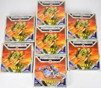 Seven Airfix Robogear plastic model kits comprising six T-Rex and one Sprut, unused in original