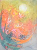 Irene Halliday (Scottish 1931-2023) watercolour and gouache abstract study with sun in the sky