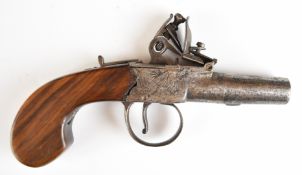 Unnamed 40 bore flintlock pocket pistol with engraved lock, wooden grip and 2 inch turn-off