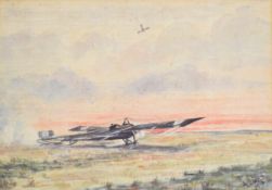 WW1 watercolour of a French military aeroplane and further aircraft in the sky above, signed and