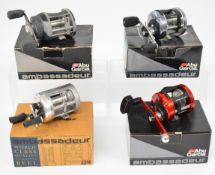 Four Abu Ambassadeur multiplier fishing reels comprising 6600D5 SW Premium Mag-Elite, 6600CL, 6600D6