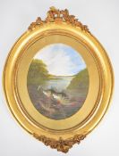 A. Roland Knight (1879-1921) or similar study of fish surfacing, maximum diameter 27cm, in gilt